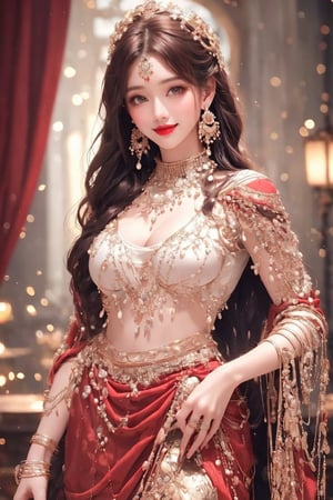  busty and sexy girl, 8k, masterpiece, ultra-realistic, best quality, high resolution, high definition, long hair, looking at viewer, smile, black hair, dress, holding, brown eyes, jewelry, standing, earrings,  realistic, red lips,GH