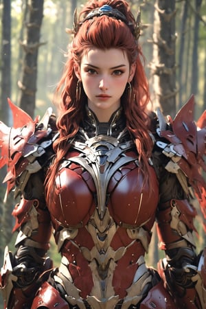 busty and sexy girl, 8k, masterpiece, ultra-realistic, best quality, high resolution, high definition, viking girl, primative clothing with mecha armor, forest