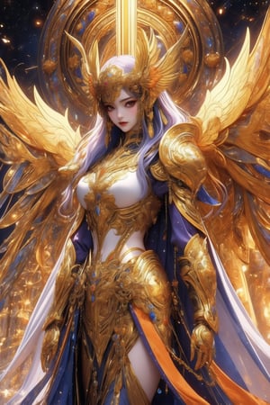 busty and sexy girl, 8k, masterpiece, ultra-realistic, best quality, high resolution, high definition,A celestial being with ornate golden armor and large, majestic wings that have a metallic sheen. The being should exude an aura of power and grace, standing in front of a backdrop that suggests an ethereal or heavenly realm.