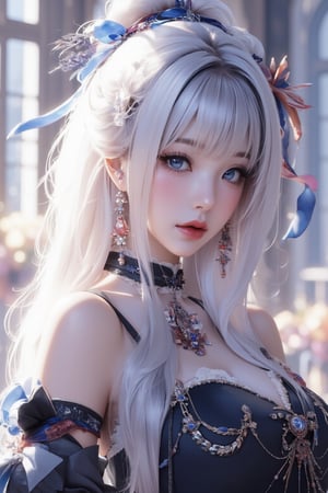 busty and sexy girl, 8k, masterpiece, ultra-realistic, best quality, high resolution, high definition, 1girl, solo, long hair, looking at viewer, blush, bangs, blue eyes, dress, bow, ribbon, jewelry, closed mouth, hair ribbon, upper body, white hair, hair bow, earrings, frills, black dress, parted bangs, eyelashes, blue bow, blue ribbon, pale skin, red lips