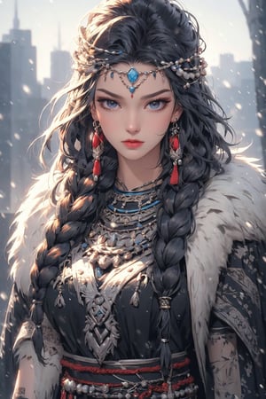busty and sexy girl, 8k, masterpiece, ultra-realistic, best quality, high resolution, high definition, 1girl, solo, long hair, looking at viewer, bangs, black hair, hair ornament, jewelry, closed mouth, upper body, braid, earrings, necklace, twin braids, lips, expressionless, gem, tassel, hair over shoulder, headdress, multiple braids