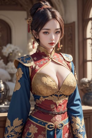 busty and sexy girl, 8k, masterpiece, ultra-realistic, best quality, high resolution, high definition, Chinese female warrior in the style of Korean animation. The character should have an elegant and heroic posture, wearing traditional yet stylized warrior attire that reflects a blend of historical and fantasy elements. The color palette should include rich golds, reds, and blues, with intricate floral patterns similar to those in the original image. The background should be grand and detailed, possibly including architectural elements that enhance the character's presence.