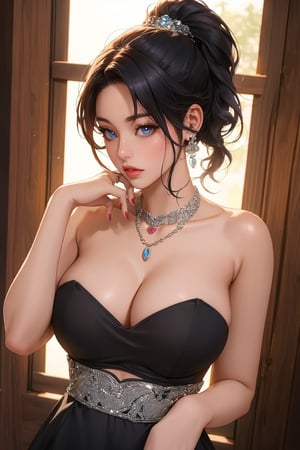 busty and sexy girl, 8k, masterpiece, ultra-realistic, best quality, high resolution, high definition, a woman with long black hair, wearing a silver strapless dress and a silver ring on her left hand. She is wearing a black necklace with a heart-shaped pendant hanging from it. Her eyes are blue and her lips are red. Her hair is pulled back in a ponytail,