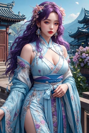 busty and sexy girl, 8k, masterpiece, ultra-realistic, best quality, high resolution, high definition, solo, long hair, looking at viewer, hair ornament, dress, jewelry, purple eyes, purple hair, flower, earrings, detached sleeves, sky, hair flower, white dress, architecture, east asian architecture, hanfu