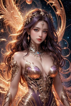 busty and sexy girl, 8k, masterpiece, ultra-realistic, best quality, high resolution, high definition,The image presents a stylized depiction of a female character with fantasy elements. The character has curly hair and is adorned with sparkling jewelry that resembles a constellation pattern, suggesting a celestial theme. The background is dark, speckled with stars, which enhances the cosmic feel of the image. The color palette is rich with purples, blues, and pinks, contributing to the otherworldly aesthetic. The character's attire includes intricate, wing-like structures that add to her ethereal appearance. The overall impression is one of a digital illustration that combines elements of fantasy and science fiction.