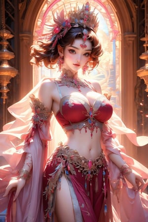 busty and sexy girl, 8k, masterpiece, ultra-realistic, best quality, high resolution, high definition,1girl, solo, breasts, looking at viewer, short hair, bangs, large breasts, brown hair, hair ornament, long sleeves, navel, holding, cleavage, brown eyes, jewelry, medium breasts, closed mouth, standing, cowboy shot, earrings, detached sleeves, indoors, wide sleeves bracelet, lips, , window,  crown, gem, tassel, pelvic curtain, stained glass