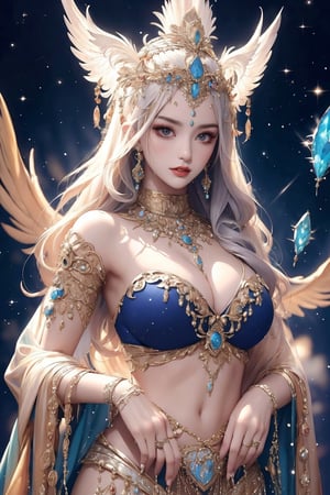 busty and sexy girl, 8k, masterpiece, ultra-realistic, best quality, high resolution, high definition,a character with a detailed and ornate headdress, adorned with what appears to be crystals or gems.  outfit suggests a regal or ceremonial attire.The color palette, predominantly white and silver, gives the character an ethereal or otherworldly appearance,MUGODDESS,CAT WITCH