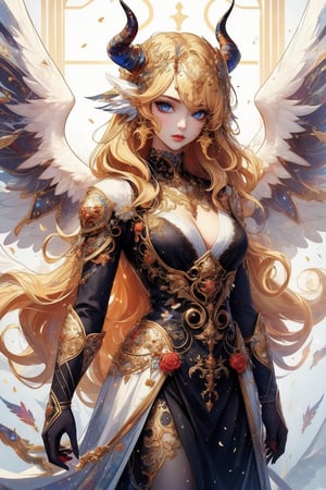 busty and sexy girl, 8k, masterpiece, ultra-realistic, best quality, high resolution, high definition,An eye-level painting of a woman with long blonde hair and a horn on her head. The woman is wearing a black dress with white designs on it. The wings she is wearing are black and white and are spread out around her body. Her wings are a mix of black, white, and gray. Her horns are protruding from her head, adding a touch of contrast to her outfit. The background is a stark white, making the woman and wings stand out against the white background.