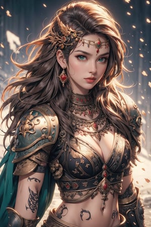 busty and sexy girl, 8k, masterpiece, ultra-realistic, best quality, high resolution, high definition, 1girl, solo, long hair, breasts, looking at viewer, brown hair, black hair, navel, jewelry, medium breasts, green eyes, weapon, necklace, armor, lips, tattoo, circlet, realistic