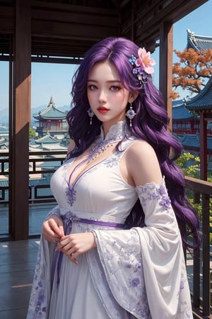 1 girl, 8k, masterpiece, ultra-realistic, best quality, high resolution, high definition, solo, long hair, looking at viewer, hair ornament, dress, jewelry, purple eyes, purple hair, flower, earrings, detached sleeves, sky, hair flower, white dress, architecture, east asian architecture