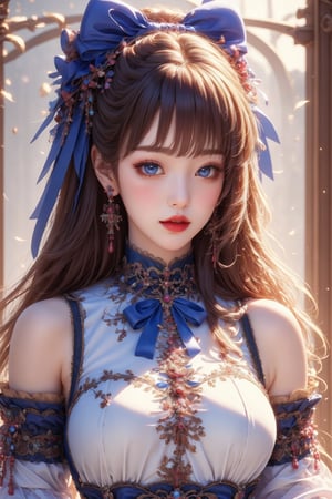 busty and sexy girl, 8k, masterpiece, ultra-realistic, best quality, high resolution, high definition, 1girl, solo, long hair, looking at viewer, blush, bangs, blue eyes, dress, bow, ribbon, jewelry, closed mouth, hair ribbon, upper body, white hair, hair bow, earrings, frills, black dress, parted bangs, eyelashes, blue bow, blue ribbon, pale skin, red lips