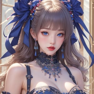 busty and sexy girl, 8k, masterpiece, ultra-realistic, best quality, high resolution, high definition, 1girl, solo, long hair, looking at viewer, blush, bangs, blue eyes, dress, bow, ribbon, jewelry, closed mouth, hair ribbon, upper body, white hair, hair bow, earrings, frills, black dress, parted bangs, eyelashes, blue bow, blue ribbon, pale skin, red lips