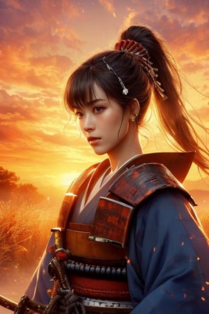 SUNSET, ((SAMURAI)) , girl, 8k, masterpiece, ultra-realistic, best quality, high resolution, high definition,ELIGHT