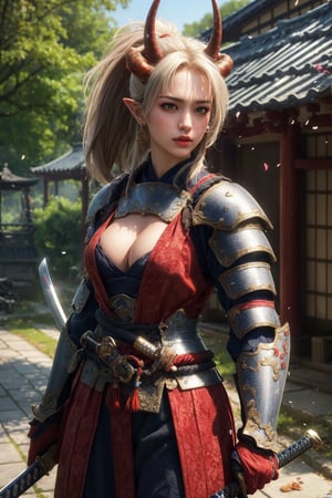 busty and sexy girl, 8k, masterpiece, ultra-realistic, best quality, high resolution, high definition, 1girl, solo, long hair, looking at viewer, red eyes, jewelry, closed mouth, standing, ponytail, weapon, grey hair, sidelocks, earrings, outdoors, japanese clothes, horns, pointy ears, sword, armor, orange eyes, petals, glowing, colored skin, katana, shoulder armor, sheath, glowing eyes, oni horns, sheathed, oni, serious, japanese armor, scabbard, red skin, samurai