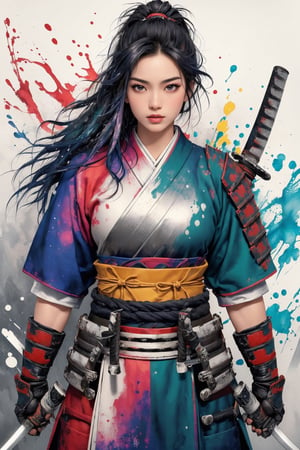 busty and sexy girl, 8k, masterpiece, ultra-realistic, best quality, high resolution, high definition, Envision a Thai girl with flowing black hair, thundering:, ((silver colors samurai uniform)), (((the background is abstract with multiple colors splashes all over the background))) , ((white multiple samurai’s swords ))