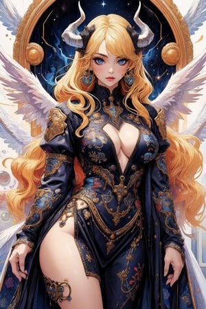 busty and sexy girl, 8k, masterpiece, ultra-realistic, best quality, high resolution, high definition,An eye-level painting of a woman with long blonde hair and a horn on her head. The woman is wearing a black dress with white designs on it. The wings she is wearing are black and white and are spread out around her body. Her wings are a mix of black, white, and gray. Her horns are protruding from her head, adding a touch of contrast to her outfit. 