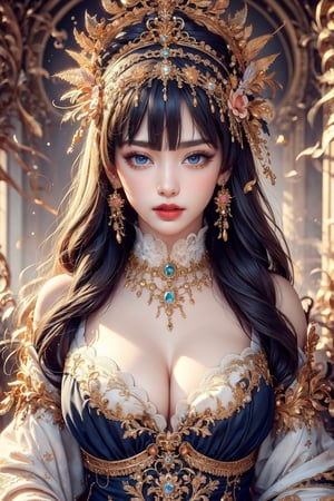 busty and sexy girl, 8k, masterpiece, ultra-realistic, best quality, high resolution, high definition, 1girl, solo, long hair, looking at viewer, bangs, blue eyes, black hair, hair ornament, jewelry, closed mouth, upper body, parted lips, indoors, blunt bangs, blurry, lips, grey eyes, eyelashes, makeup, gem, headdress, red lips, gold