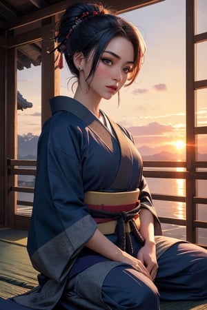 SUNSET, ((SAMURAI)) , girl, 8k, masterpiece, ultra-realistic, best quality, high resolution, high definition,ELIGHT,NJI BEAUTY