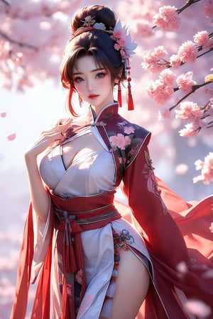 busty and sexy girl, 8k, masterpiece, ultra-realistic, best quality, high resolution, high definition, 1girl, solo, breasts, looking at viewer, blue eyes, large breasts, black hair, hair ornament, long sleeves, dress, holding, cleavage, white flowers, thighs, cowboy shot, parted lips, japanese clothes, hair flower, wide sleeves, hair bun, lips, sash, clothing cutout, no panties, chinese clothes, white floral print, cleavage cutout, single hair bun, cherry blossoms, tassel, pelvic curtain, branch, hair stick