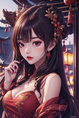 busty and sexy girl, 8k, masterpiece, ultra-realistic, best quality, high resolution, high definition, 1girl, solo, breasts, looking at viewer, bangs, large breasts, black hair, hair ornament, red eyes, long sleeves, dress, holding, bare shoulders, jewelry, closed mouth, upper body, earrings, detached sleeves, sleeveless, indoors, hand up, off shoulder, hair bun, nail polish, makeup, chinese clothes, red dress, single hair bun, tassel, china dress, red nails, red lips, architecture, east asian architecture, tassel earrings