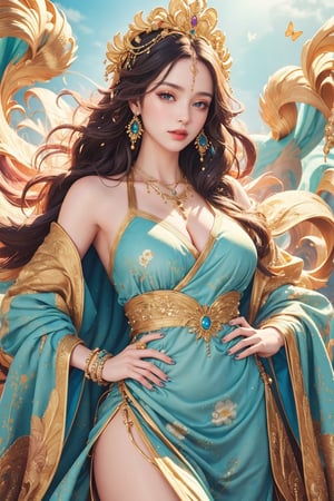 busty and sexy girl, 8k, masterpiece, ultra-realistic, best quality, high resolution, high definition,a medium-angle shot of a woman, adorned with a flowing blue dress adorned with gold accents. Her long, dark hair cascades over her shoulders, adding a touch of beauty to the scene. The woman's dress is adorned in a flowing pattern of blue and white feathers, with a gold chain around her neck. She is adorned with earrings, a necklace, and a bracelet. Her left hand is draped across her body, while her right hand rests on her hip. The background is a mix of white and blue swirls, creating a vibrant contrast to the woman's blue dress. There are a few butterflies fluttering around her, adding touch of nature to the image.