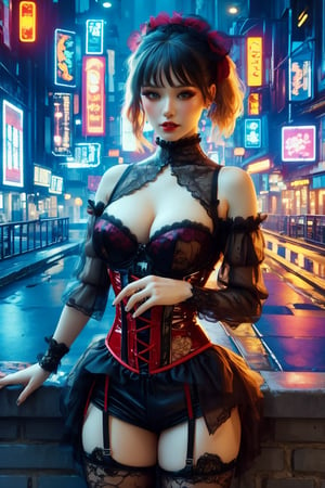 busty and sexy girl, 8k, masterpiece, ultra-realistic, best quality, high resolution, high definition, hologram, cyberpunk, science fiction, neon light, night city, Lolita, Victorian fashion, Rococo fashion, black corset with red ribbon lacing, White lace details on the sleeves, show shoulders,