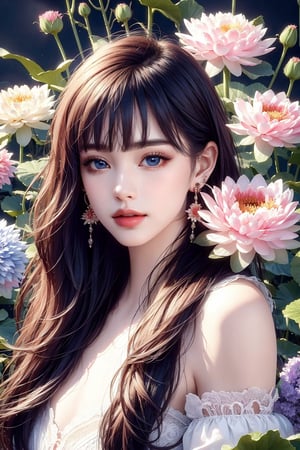 1 girl, 8k, masterpiece, ultra-realistic, best quality, high resolution, high definition, 1girl, solo, long hair, looking at viewer, bangs, blue eyes, jewelry, ((transparent flowers)), earrings, lips, black background, portrait, bubble, hoop earrings, water drop, realistic, lotus