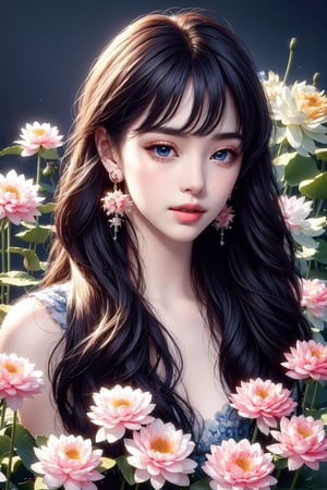 1 girl, 8k, masterpiece, ultra-realistic, best quality, high resolution, high definition, 1girl, solo, long hair, looking at viewer, bangs, blue eyes, jewelry, ((transparent flowers)), earrings, lips, black background, portrait, bubble, hoop earrings, water drop, realistic, lotus