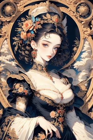 busty and sexy girl, 8k, masterpiece, ultra-realistic, best quality, high resolution, high definition,1girl, solo, looking at viewer, large breast, short hair, black hair, hair ornament, long sleeves, low-cut dress, jewelry, closed mouth, upper body, flower, earrings, lips, gem, lace trim, lace, 