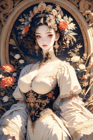 busty and sexy girl, 8k, masterpiece, ultra-realistic, best quality, high resolution, high definition,1girl, solo, looking at viewer, large breast, short hair, black hair, hair ornament, long sleeves, low-cut dress, jewelry, closed mouth, upper body, flower, earrings, lips, gem, lace trim, lace, 