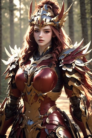 busty and sexy girl, 8k, masterpiece, ultra-realistic, best quality, high resolution, high definition, viking girl, primative clothing with mecha armor, forest