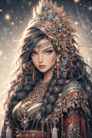 busty and sexy girl, 8k, masterpiece, ultra-realistic, best quality, high resolution, high definition, 1girl, solo, long hair, looking at viewer, bangs, black hair, hair ornament, jewelry, closed mouth, upper body, braid, earrings, necklace, twin braids, lips, expressionless, gem, tassel, hair over shoulder, headdress, multiple braids
