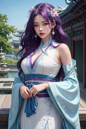 busty and sexy girl, 8k, masterpiece, ultra-realistic, best quality, high resolution, high definition, solo, long hair, looking at viewer, hair ornament, dress, jewelry, purple eyes, purple hair, flower, earrings, detached sleeves, sky, hair flower, white dress, architecture, east asian architecture, hanfu