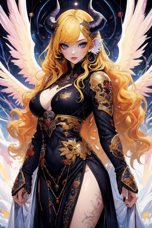 busty and sexy girl, 8k, masterpiece, ultra-realistic, best quality, high resolution, high definition,An eye-level painting of a woman with long blonde hair and a horn on her head. The woman is wearing a black dress with white designs on it. The wings she is wearing are black and white and are spread out around her body. Her wings are a mix of black, white, and gray. Her horns are protruding from her head, adding a touch of contrast to her outfit. 