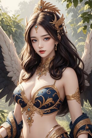 busty and sexy girl, 8k, masterpiece, ultra-realistic, best quality, high resolution, high definition, she creates mythical female figures. The artwork is intricate and features a woman with wings, symbolizing the goddess, surrounded by nature and wildlife.