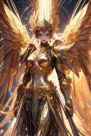 busty and sexy girl, 8k, masterpiece, ultra-realistic, best quality, high resolution, high definition,A celestial being with ornate golden armor and large, majestic wings that have a metallic sheen. The being should exude an aura of power and grace, standing in front of a backdrop that suggests an ethereal or heavenly realm.