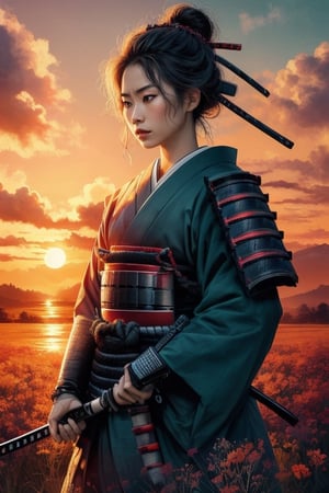 SUNSET, ((SAMURAI)) , girl, 8k, masterpiece, ultra-realistic, best quality, high resolution, high definition