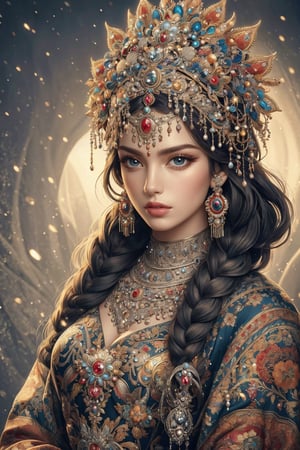 busty and sexy girl, 8k, masterpiece, ultra-realistic, best quality, high resolution, high definition, 1girl, solo, long hair, looking at viewer, bangs, black hair, hair ornament, jewelry, closed mouth, upper body, braid, earrings, necklace, twin braids, lips, expressionless, gem, tassel, hair over shoulder, headdress, multiple braids