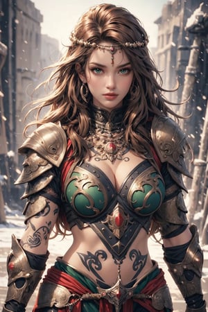 busty and sexy girl, 8k, masterpiece, ultra-realistic, best quality, high resolution, high definition, 1girl, solo, long hair, breasts, looking at viewer, brown hair, black hair, navel, jewelry, medium breasts, green eyes, weapon, necklace, armor, lips, tattoo, circlet, realistic