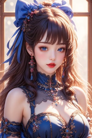 busty and sexy girl, 8k, masterpiece, ultra-realistic, best quality, high resolution, high definition, 1girl, solo, long hair, looking at viewer, blush, bangs, blue eyes, dress, bow, ribbon, jewelry, closed mouth, hair ribbon, upper body, white hair, hair bow, earrings, frills, black dress, parted bangs, eyelashes, blue bow, blue ribbon, pale skin, red lips