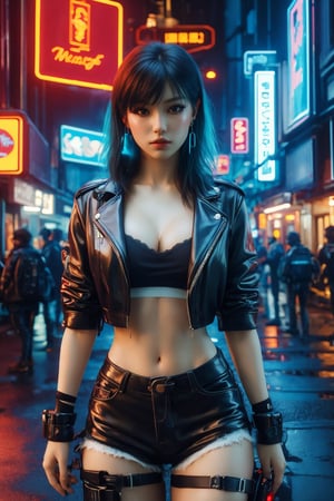 busty and sexy girl, 8k, masterpiece, ultra-realistic, best quality, high resolution, high definition, hologram, cyberpunk, science fiction, neon light, night city, leather
