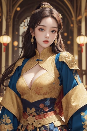 busty and sexy girl, 8k, masterpiece, ultra-realistic, best quality, high resolution, high definition, Chinese female warrior in the style of Korean animation. The character should have an elegant and heroic posture, wearing traditional yet stylized warrior attire that reflects a blend of historical and fantasy elements. The color palette should include rich golds, reds, and blues, with intricate floral patterns similar to those in the original image. The background should be grand and detailed, possibly including architectural elements that enhance the character's presence.