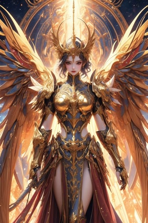 busty and sexy girl, 8k, masterpiece, ultra-realistic, best quality, high resolution, high definition,A celestial being with ornate golden armor and large, majestic wings that have a metallic sheen. The being should exude an aura of power and grace, standing in front of a backdrop that suggests an ethereal or heavenly realm.