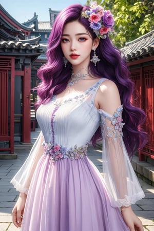 1 girl, 8k, masterpiece, ultra-realistic, best quality, high resolution, high definition, solo, long hair, looking at viewer, hair ornament, dress, jewelry, purple eyes, purple hair, flower, earrings, detached sleeves, sky, hair flower, white dress, architecture, east asian architecture