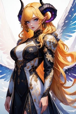 busty and sexy girl, 8k, masterpiece, ultra-realistic, best quality, high resolution, high definition,An eye-level painting of a woman with long blonde hair and a horn on her head. The woman is wearing a black dress with white designs on it. The wings she is wearing are black and white and are spread out around her body. Her wings are a mix of black, white, and gray. Her horns are protruding from her head, adding a touch of contrast to her outfit. The background is a stark white, making the woman and wings stand out against the white background.