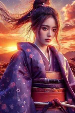 SUNSET, ((SAMURAI)) , girl, 8k, masterpiece, ultra-realistic, best quality, high resolution, high definition,ELIGHT