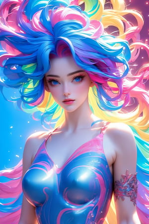 busty and sexy girl, 8k, masterpiece, ultra-realistic, best quality, high resolution, high definition,1girl, solo, long hair, looking at viewer, blue eyes, bare shoulders, closed mouth, blue hair, collarbone, upper body, pink hair, multicolored hair, lips, makeup, floating hair,multicolored background, rainbow, colorful, abstract, rainbow hair, intricate pattern background