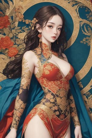 busty and sexy girl, 8k, masterpiece, ultra-realistic, best quality, high resolution, high definition, Chinese female warrior in the style of Korean animation. The character should have an elegant and heroic posture, wearing traditional yet stylized warrior attire that reflects a blend of historical and fantasy elements. The color palette should include rich golds, reds, and blues, with intricate floral patterns similar to those in the original image. The background should be grand and detailed, possibly including architectural elements that enhance the character's presence.