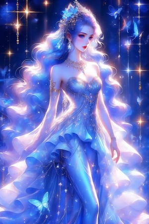 busty and sexy girl, 8k, masterpiece, ultra-realistic, best quality, high resolution, high definition, hair ornament, dress, bare shoulders, standing, white dress, sparkle, strapless, strapless dress, ballerina, ballet slippers, tutu, floral background, long hair, breasts, blue eyes, hair ornament, dress, bare shoulders, jewelry, standing, collarbone, white hair, (glowing hair), earrings, necklace, bracelet, lips, strapless,  (glowing), wavy hair, butterfly