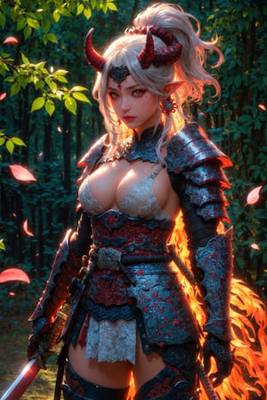 busty and sexy girl, 8k, masterpiece, ultra-realistic, best quality, high resolution, high definition, 1girl, solo, long hair, looking at viewer, red eyes, jewelry, closed mouth, standing, ponytail, weapon, grey hair, sidelocks, earrings, outdoors, japanese clothes, horns, pointy ears, sword, armor, orange eyes, petals, glowing, colored skin, katana, shoulder armor, sheath, glowing eyes, oni horns, sheathed, oni, serious, japanese armor, scabbard, red skin, samurai